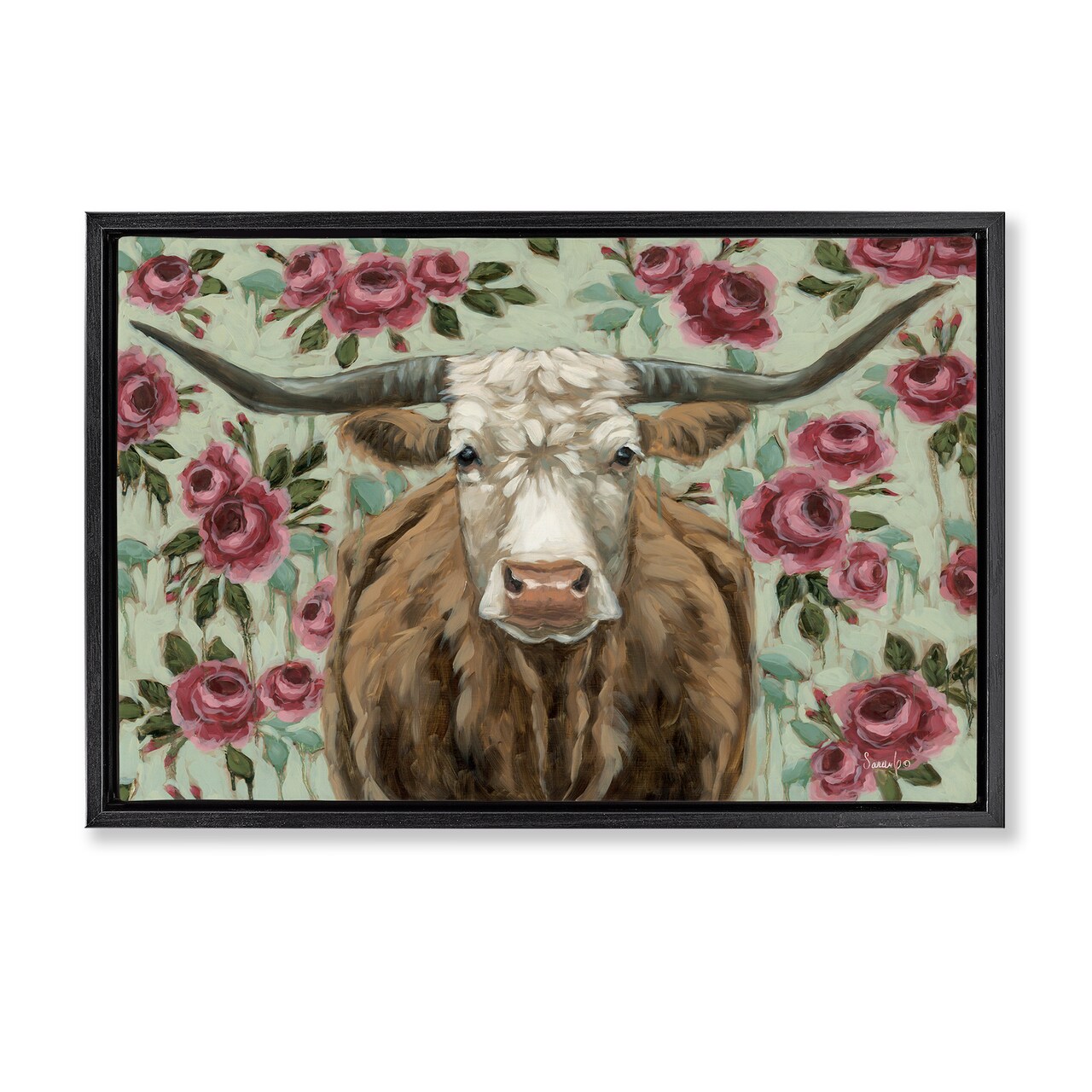Stupell Industries Longhorn with Magenta Blooms Floating Frame Design by Sara G. Designs